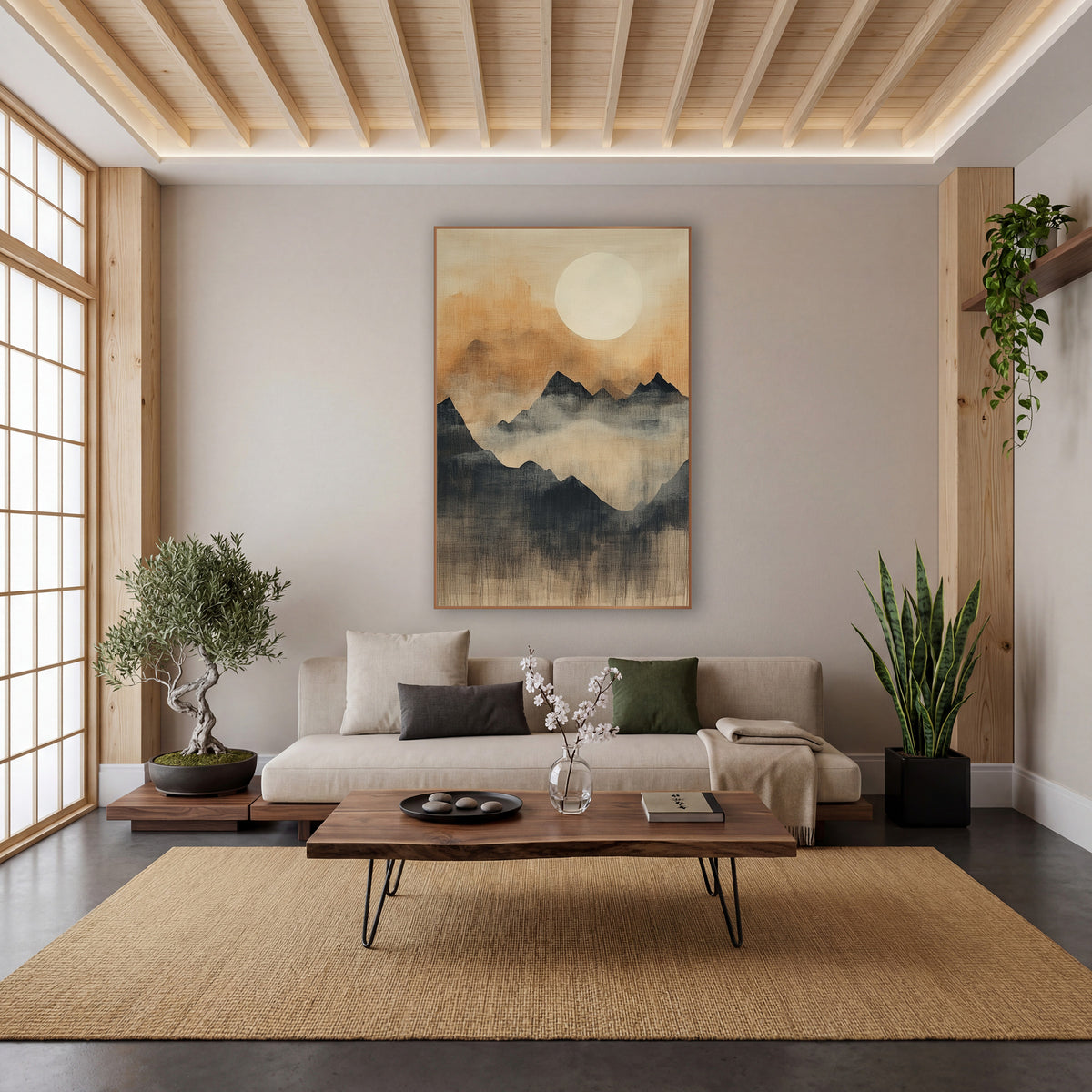 Cream Moon Dripping Valley Japandi wall art in a calm Japandi-style room – pale full moon over layered charcoal