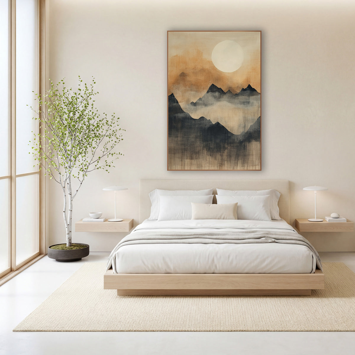 Cream Moon Dripping Valley Japandi wall art in a calm Japandi-style room – pale full moon over layered charcoal