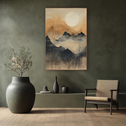 Cream Moon Dripping Valley Japandi wall art in a calm Japandi-style room – pale full moon over layered charcoal