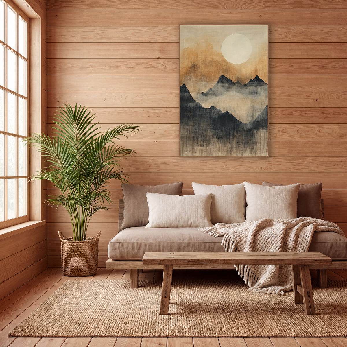 Cream Moon Dripping Valley Japandi wall art in a calm Japandi-style room – pale full moon over layered charcoal