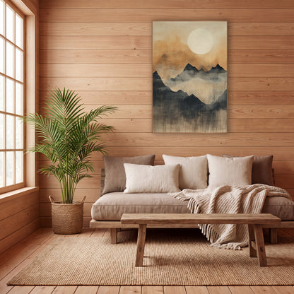 Cream Moon Dripping Valley Japandi wall art in a calm Japandi-style room – pale full moon over layered charcoal