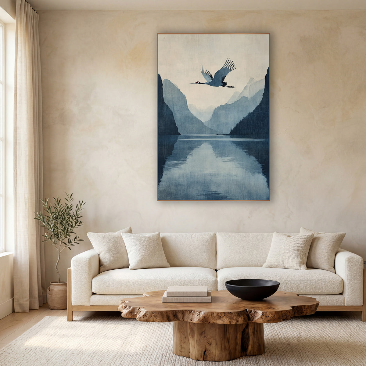 Mirror Fjord Crane Indigo Japandi wall art in a calm Japandi-style room – crane flying over a still blue fjord between
