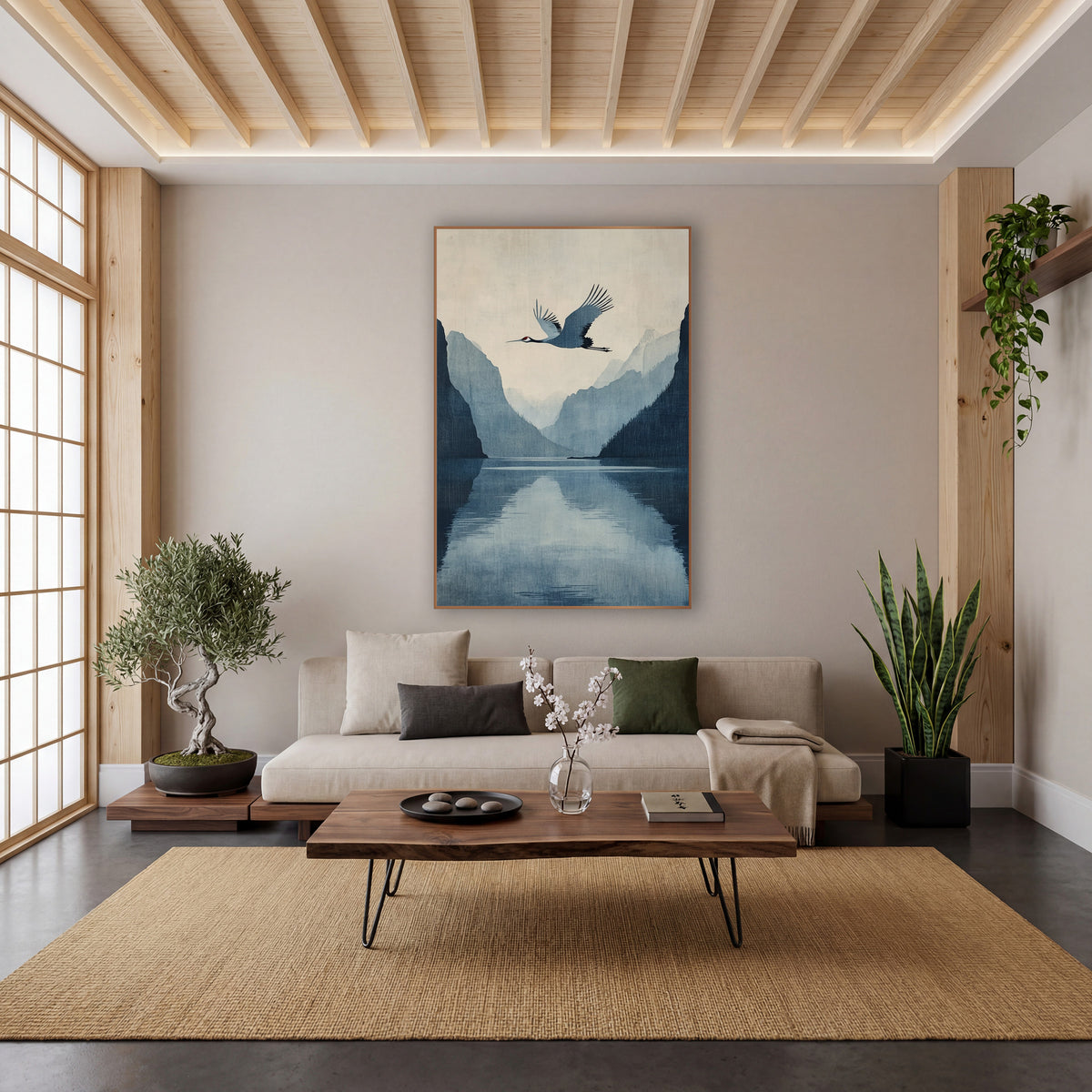 Mirror Fjord Crane Indigo Japandi wall art in a calm Japandi-style room – crane flying over a still blue fjord between