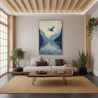 Mirror Fjord Crane Indigo Japandi wall art in a calm Japandi-style room – crane flying over a still blue fjord between