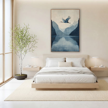 Mirror Fjord Crane Indigo Japandi wall art in a calm Japandi-style room – crane flying over a still blue fjord between