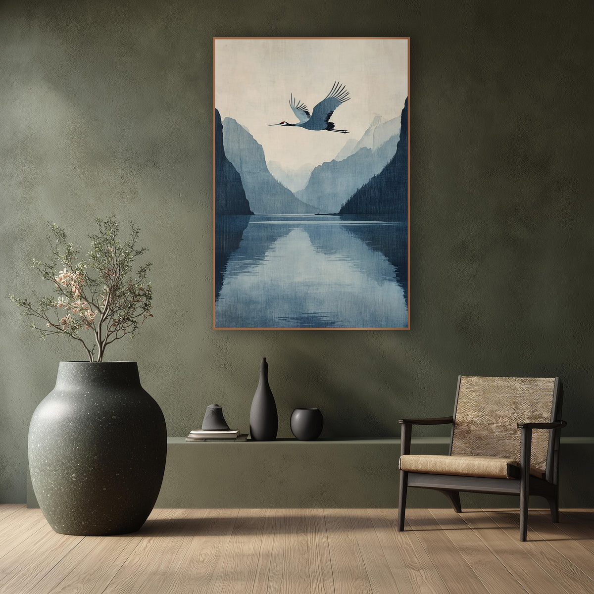 Mirror Fjord Crane Indigo Japandi wall art in a calm Japandi-style room – crane flying over a still blue fjord between