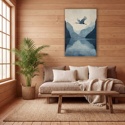 Mirror Fjord Crane Indigo Japandi wall art in a calm Japandi-style room – crane flying over a still blue fjord between