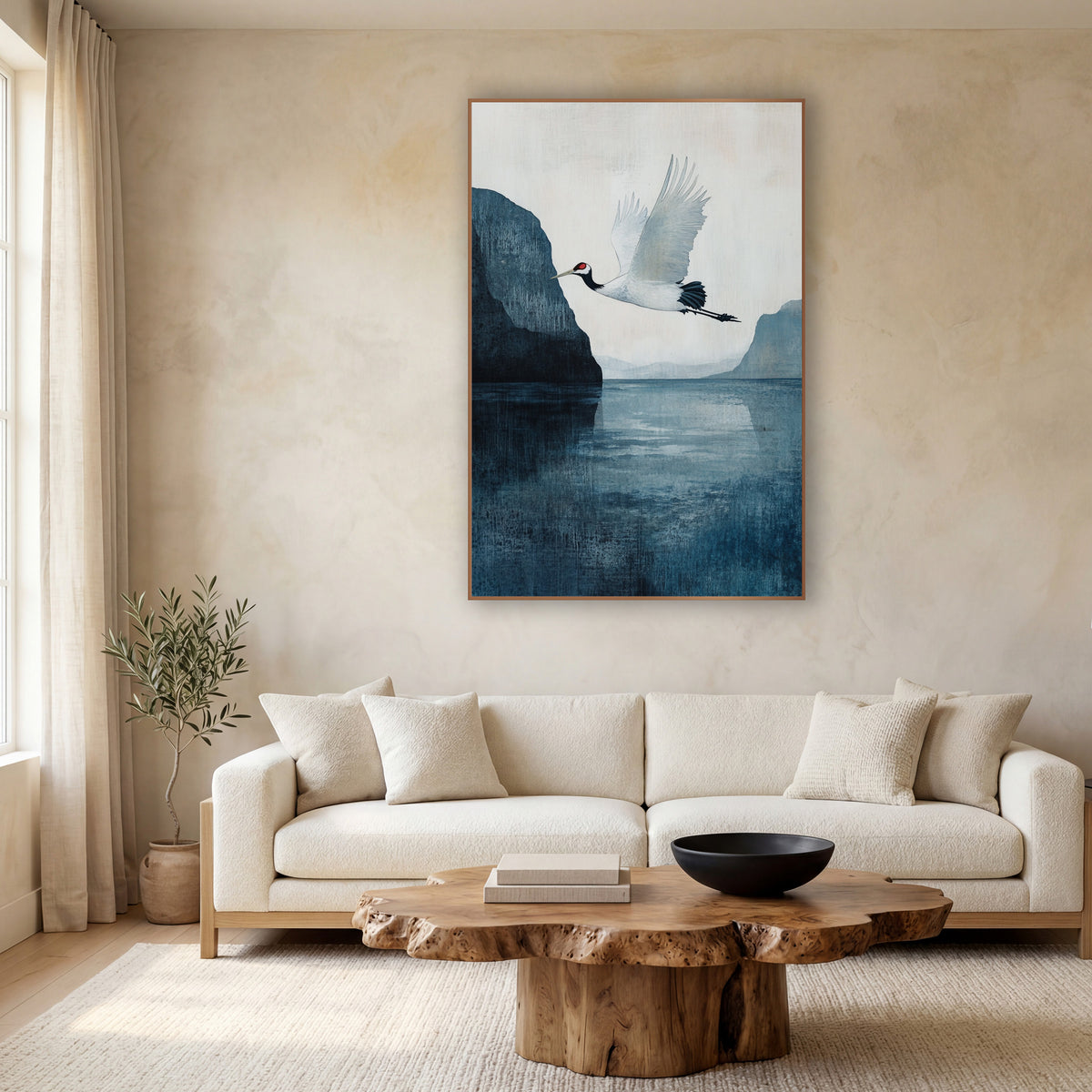 White Crane Cliff Teal Painterly wall art in a calm Japandi-style room – white crane with red crown flying