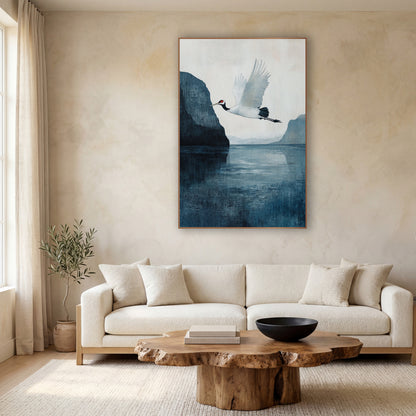 White Crane Cliff Teal Painterly wall art in a calm Japandi-style room – white crane with red crown flying