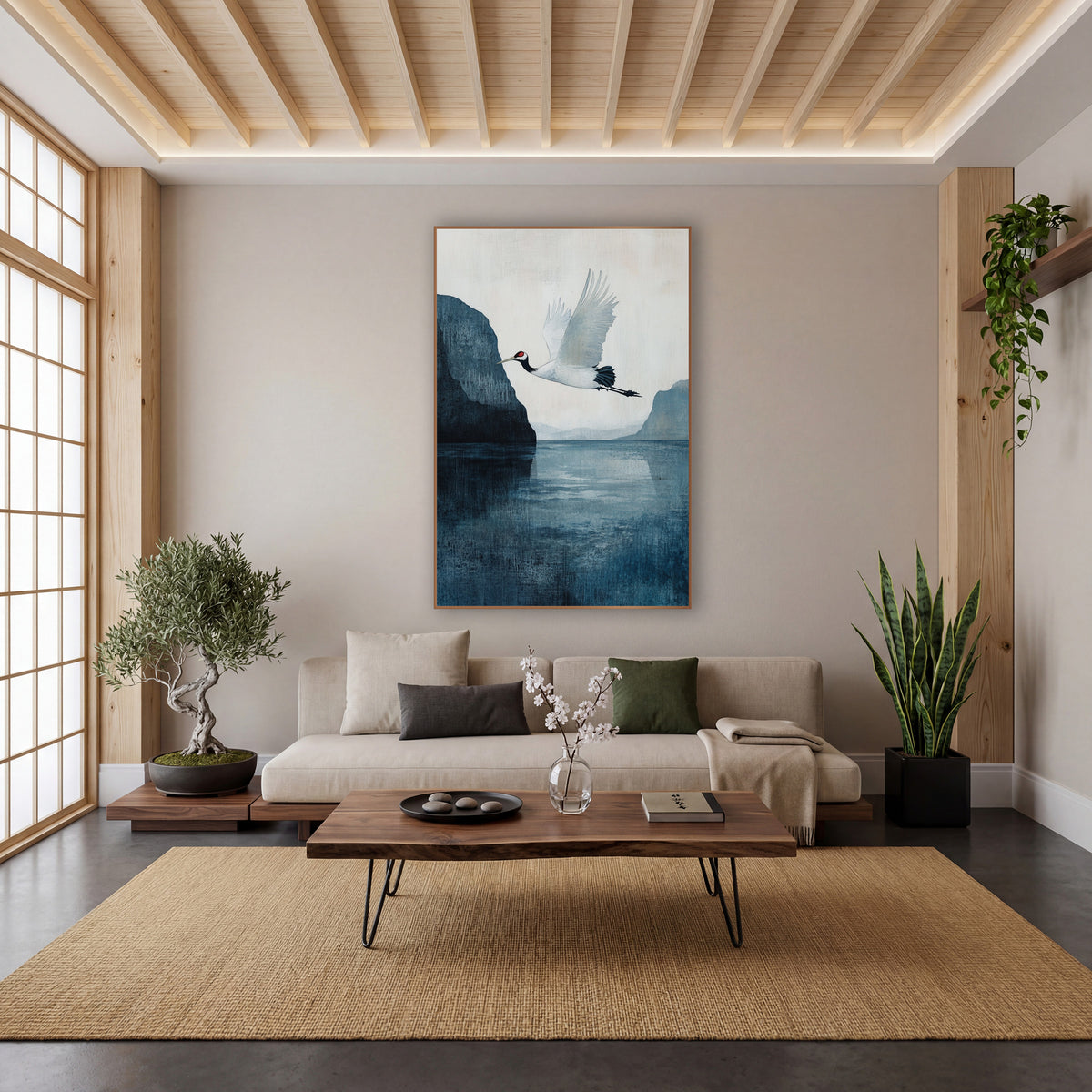 White Crane Cliff Teal Painterly wall art in a calm Japandi-style room – white crane with red crown flying