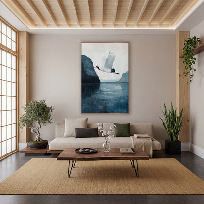 White Crane Cliff Teal Painterly wall art in a calm Japandi-style room – white crane with red crown flying