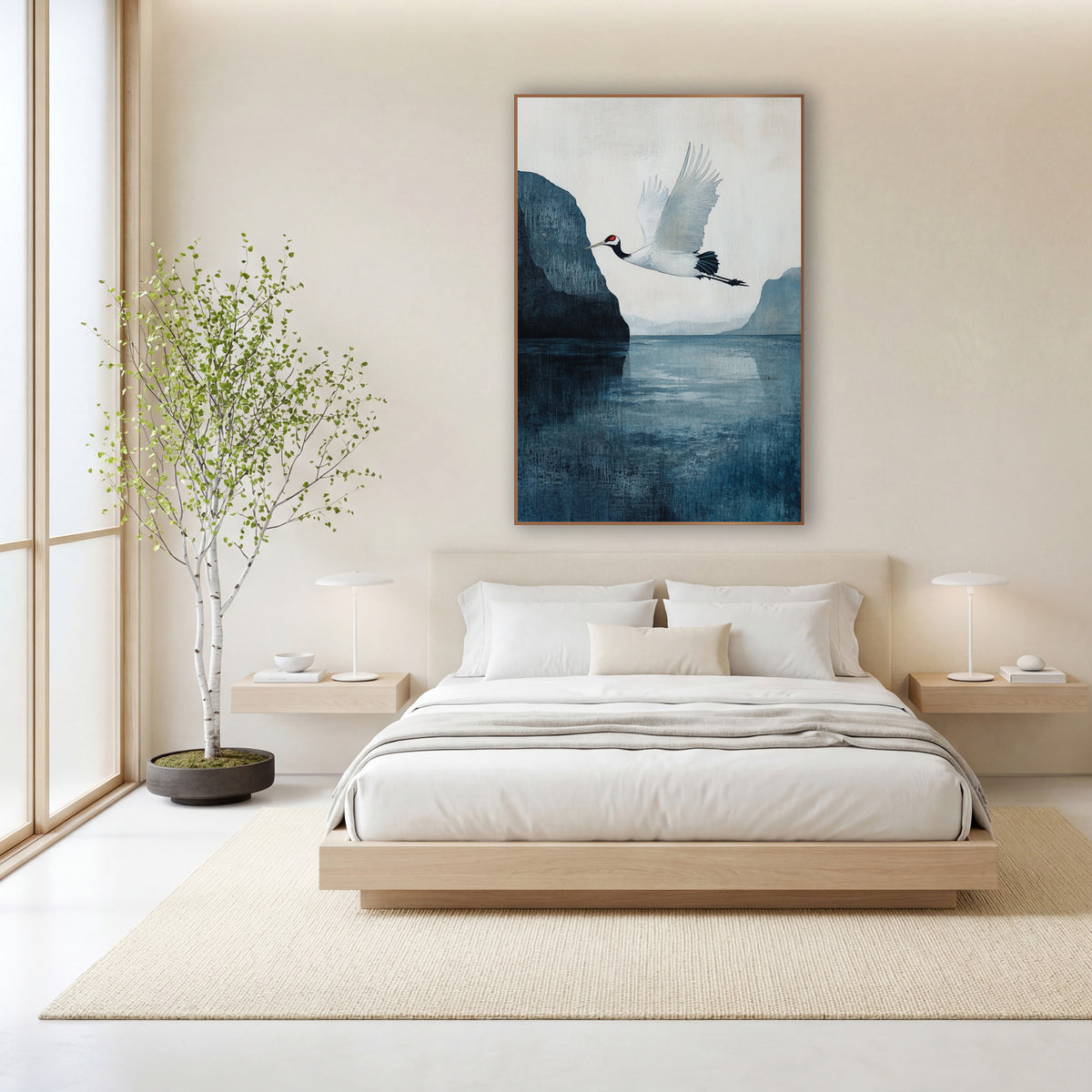 White Crane Cliff Teal Painterly wall art in a calm Japandi-style room – white crane with red crown flying