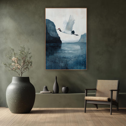 White Crane Cliff Teal Painterly wall art in a calm Japandi-style room – white crane with red crown flying