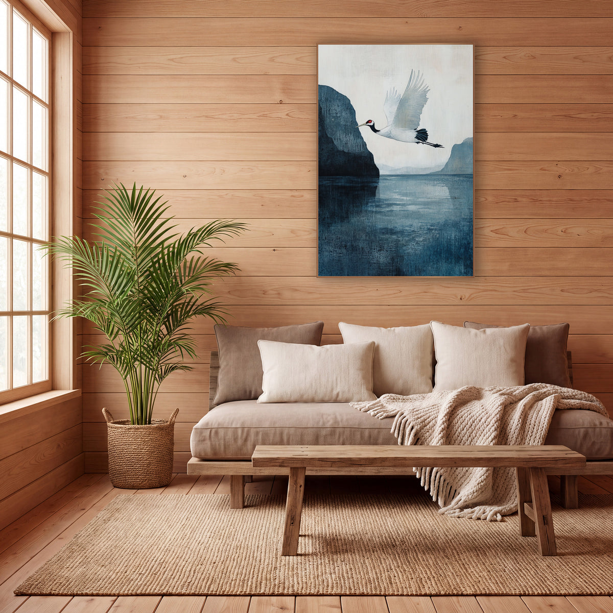 White Crane Cliff Teal Painterly wall art in a calm Japandi-style room – white crane with red crown flying