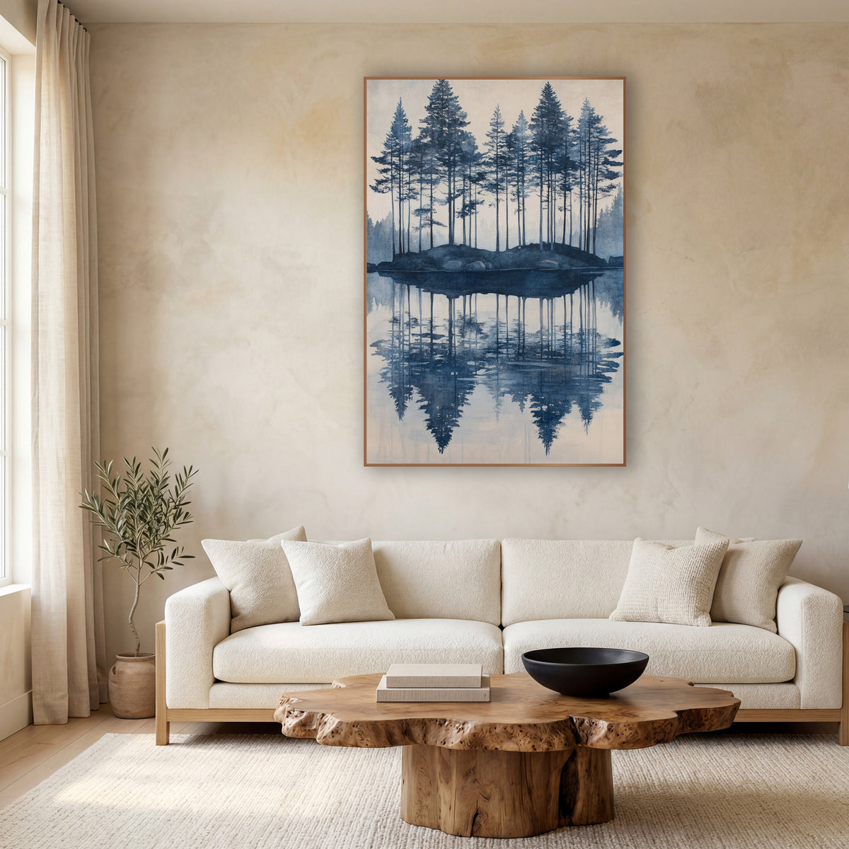 Indigo Evergreen Island Reflection Landscape wall art in a calm Japandi-style room – tall evergreens on a small rocky