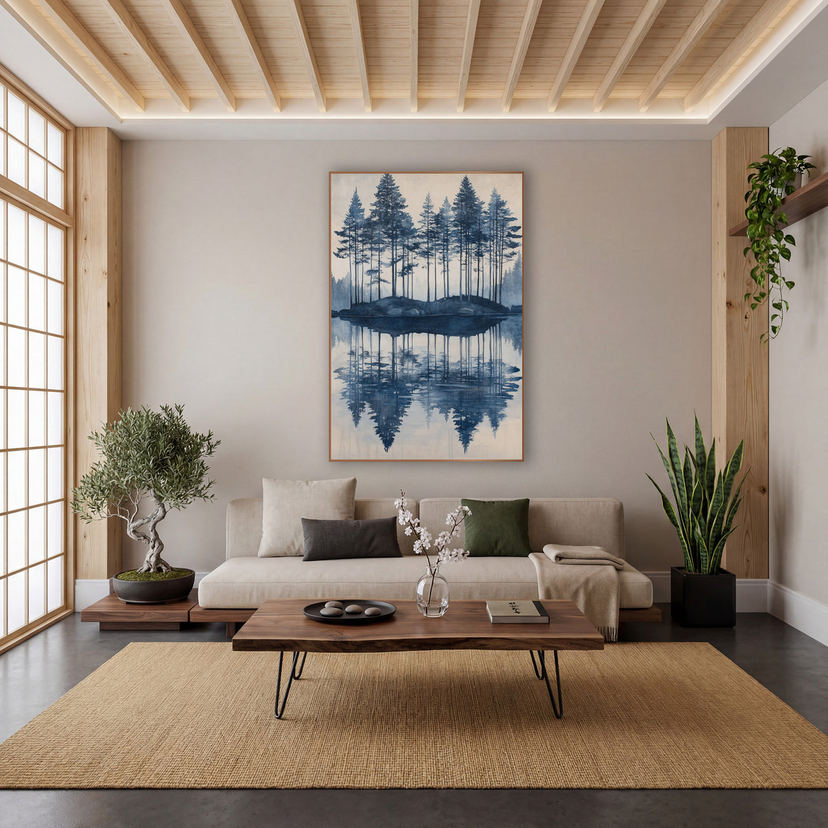 Indigo Evergreen Island Reflection Landscape wall art in a calm Japandi-style room – tall evergreens on a small rocky