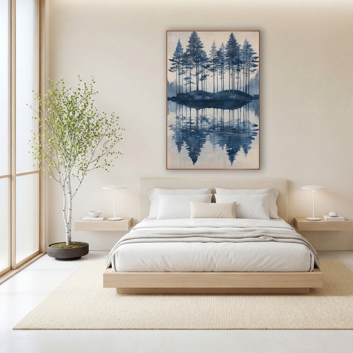 Indigo Evergreen Island Reflection Landscape wall art in a calm Japandi-style room – tall evergreens on a small rocky