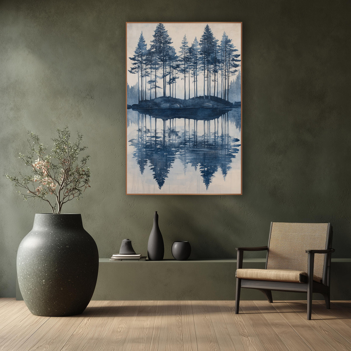 Indigo Evergreen Island Reflection Landscape wall art in a calm Japandi-style room – tall evergreens on a small rocky
