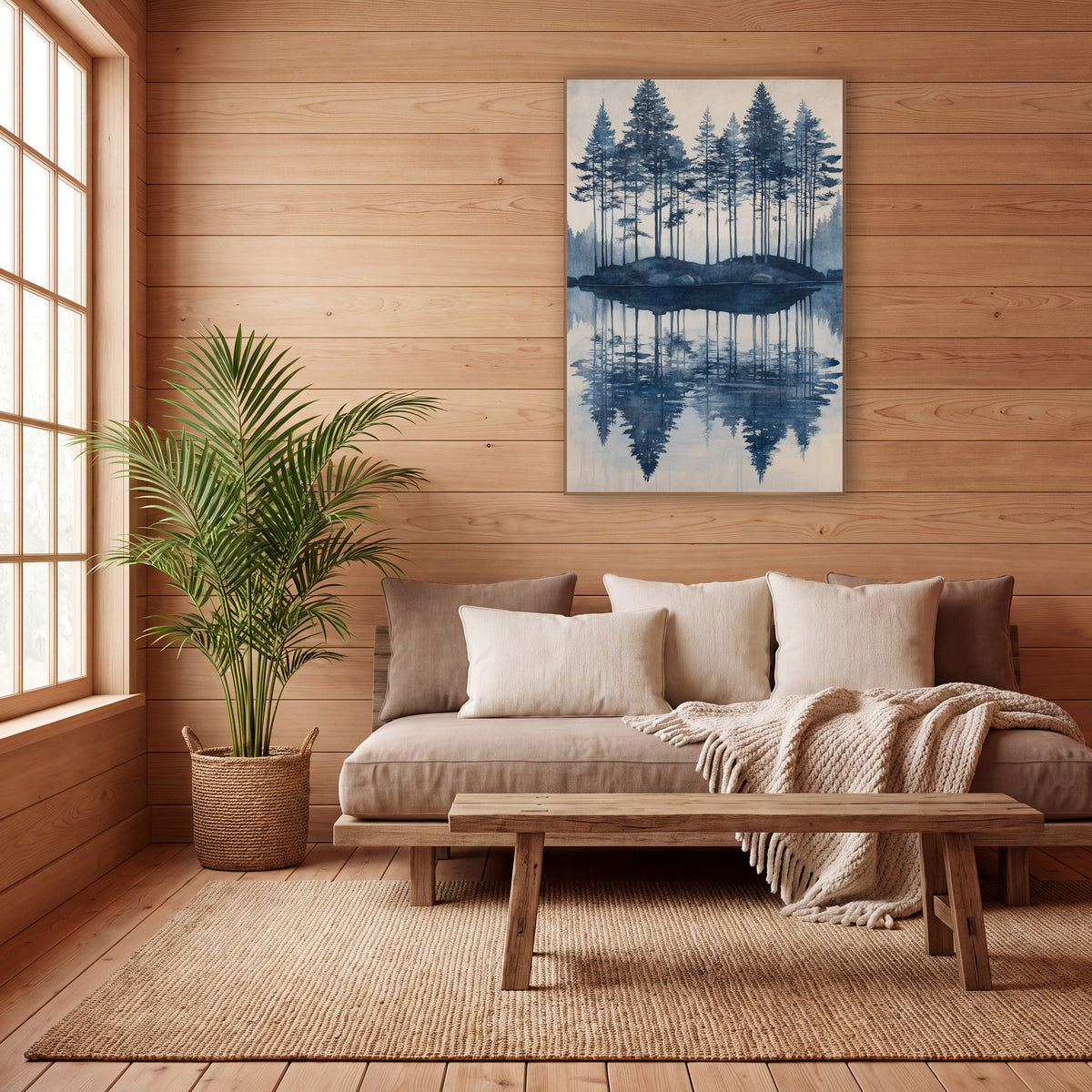 Indigo Evergreen Island Reflection Landscape wall art in a calm Japandi-style room – tall evergreens on a small rocky