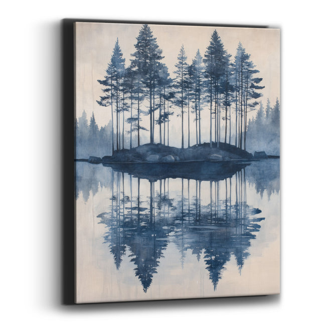 Indigo Evergreen Island Reflection Landscape Canvas Wall Art