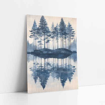 Indigo Evergreen Island Reflection Landscape art print leaning against a white wall – tall evergreens on a small rocky island
