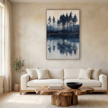 Indigo Evergreen Lake Reflection Japandi wall art in a calm Japandi-style room – tall evergreens in indigo and slate