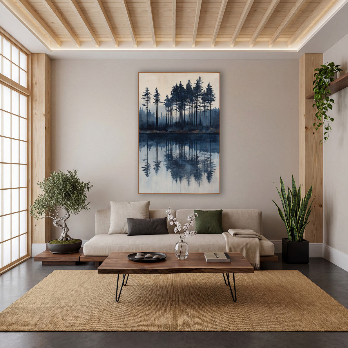 Indigo Evergreen Lake Reflection Japandi wall art in a calm Japandi-style room – tall evergreens in indigo and slate