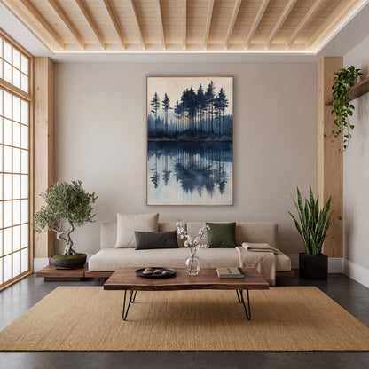 Indigo Evergreen Lake Reflection Japandi wall art in a calm Japandi-style room – tall evergreens in indigo and slate