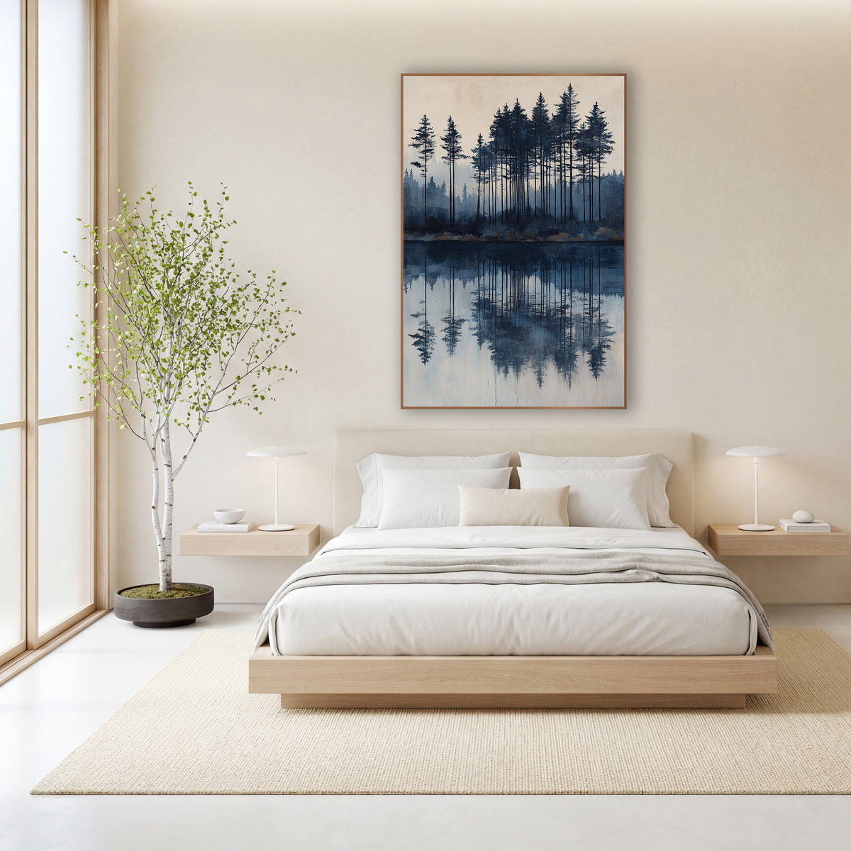 Indigo Evergreen Lake Reflection Japandi wall art in a calm Japandi-style room – tall evergreens in indigo and slate