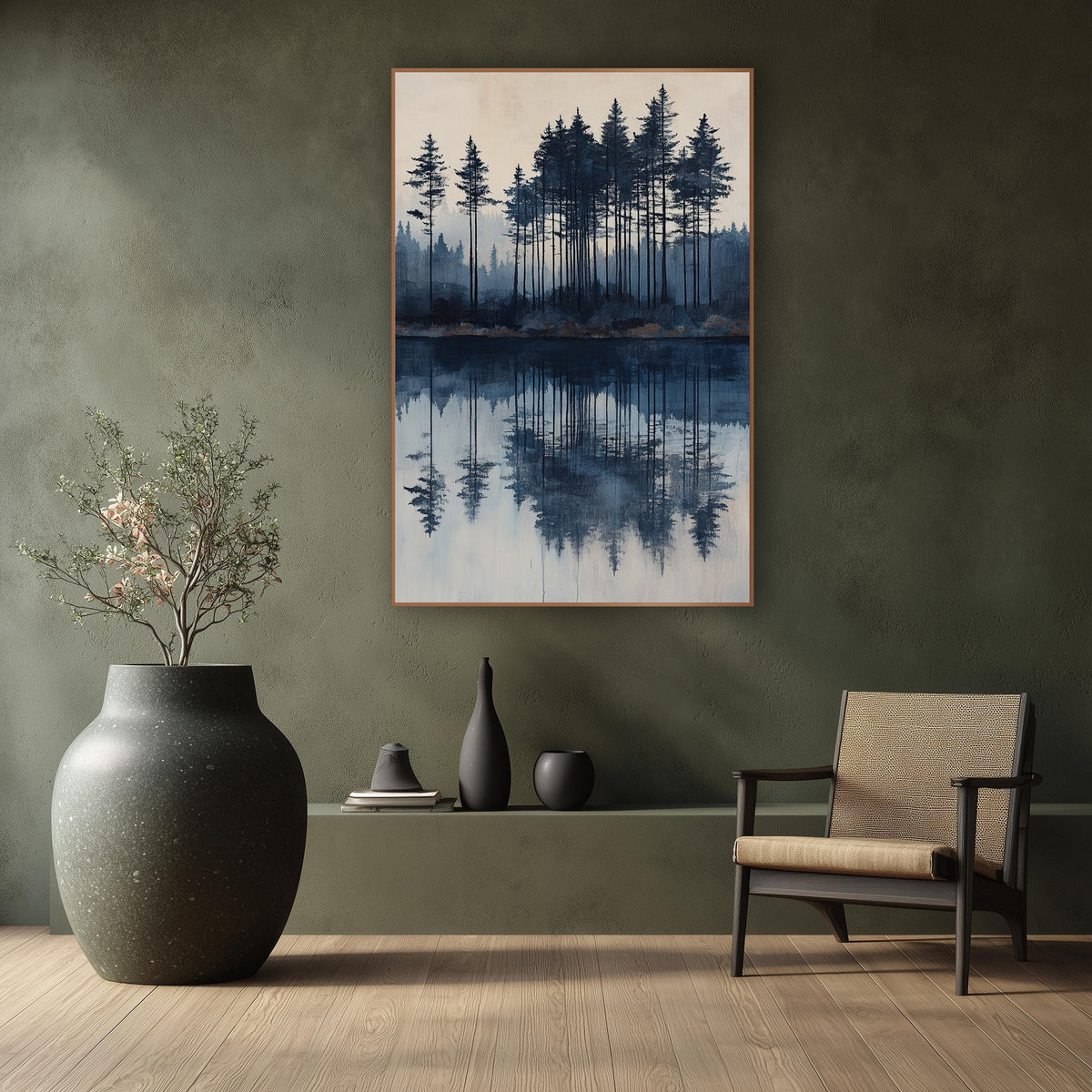 Indigo Evergreen Lake Reflection Japandi wall art in a calm Japandi-style room – tall evergreens in indigo and slate