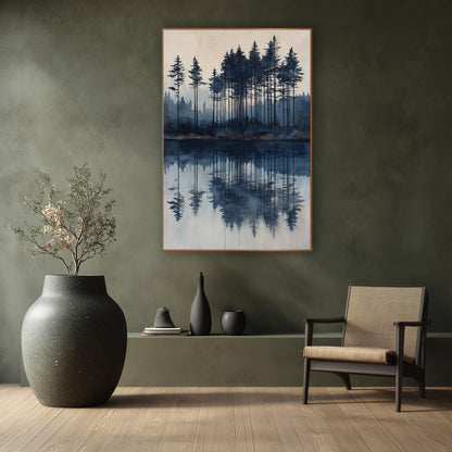 Indigo Evergreen Lake Reflection Japandi wall art in a calm Japandi-style room – tall evergreens in indigo and slate