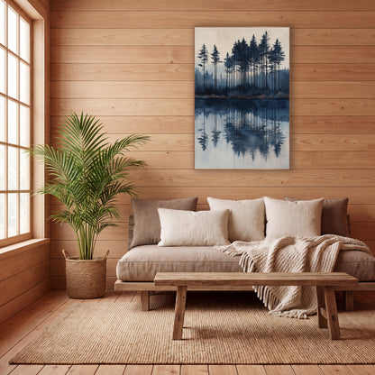 Indigo Evergreen Lake Reflection Japandi wall art in a calm Japandi-style room – tall evergreens in indigo and slate