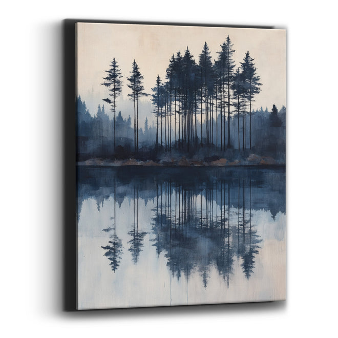 Indigo Evergreen Lake Reflection Japandi Canvas Wall Art