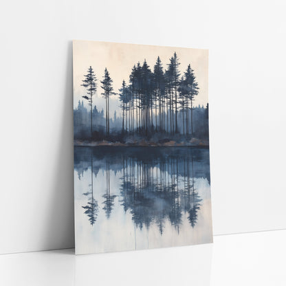 Indigo Evergreen Lake Reflection Japandi art print leaning against a white wall – tall evergreens in indigo and slate blue