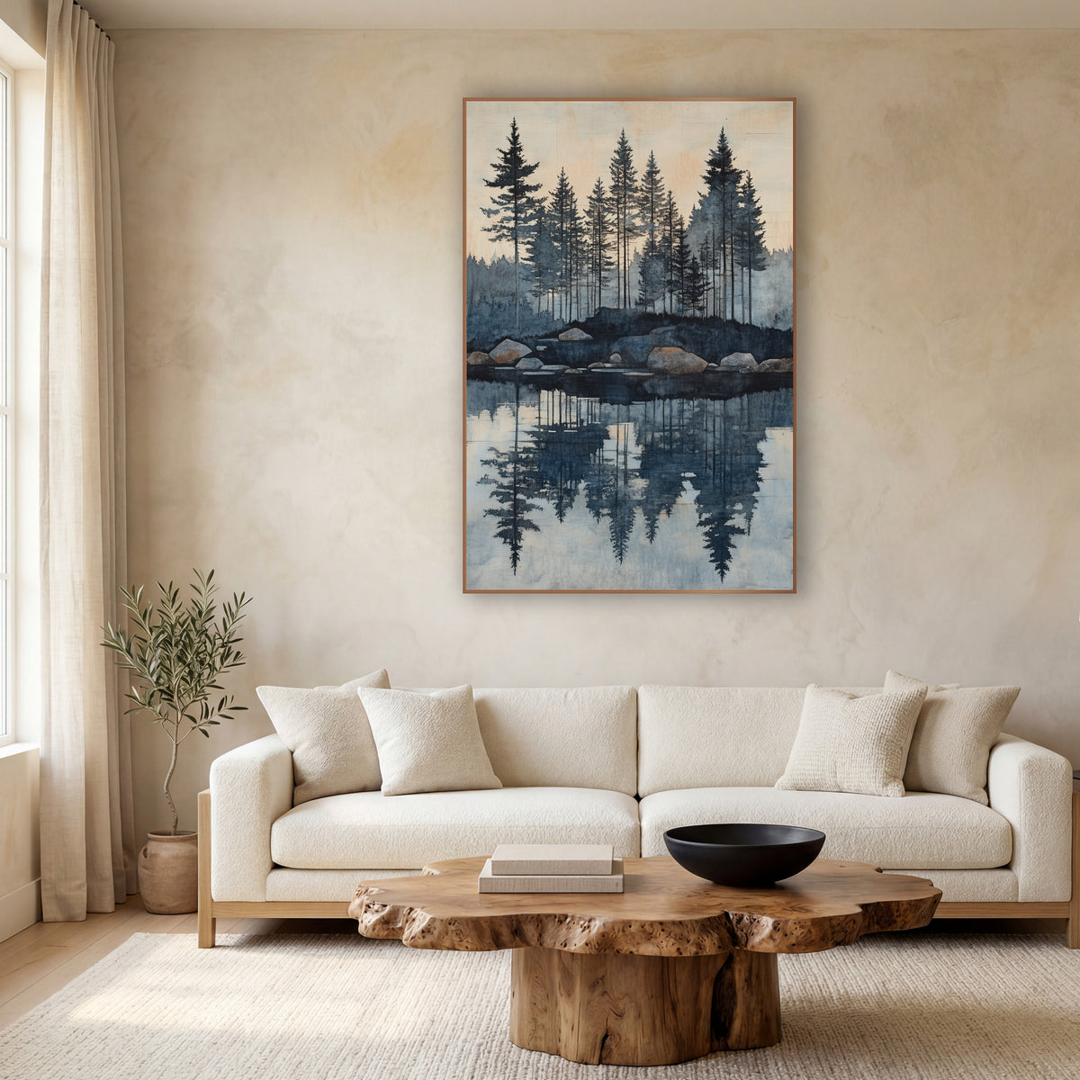 Evergreen Lake Reflection Landscape wall art in a calm Japandi-style room – tall evergreens on a rocky lakeshore