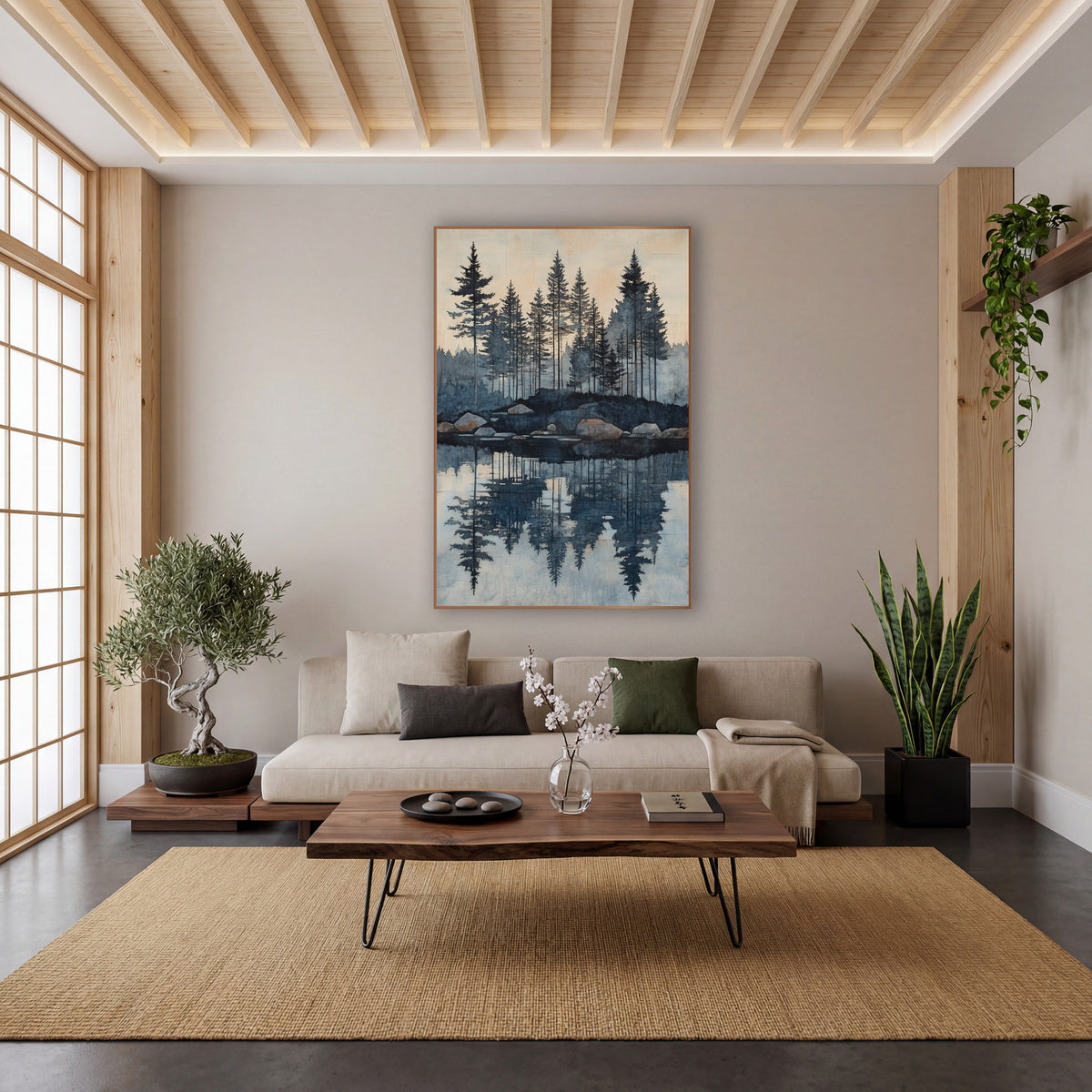 Evergreen Lake Reflection Landscape wall art in a calm Japandi-style room – tall evergreens on a rocky lakeshore