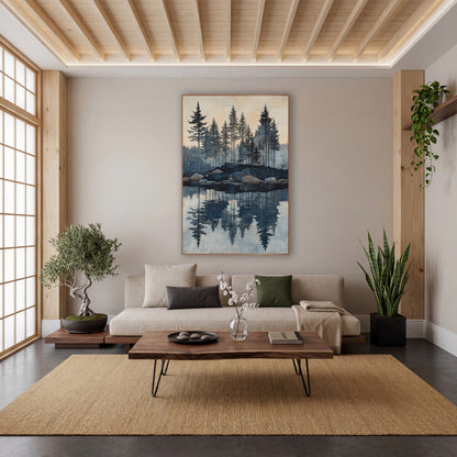 Evergreen Lake Reflection Landscape wall art in a calm Japandi-style room – tall evergreens on a rocky lakeshore
