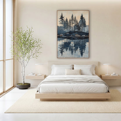 Evergreen Lake Reflection Landscape wall art in a calm Japandi-style room – tall evergreens on a rocky lakeshore
