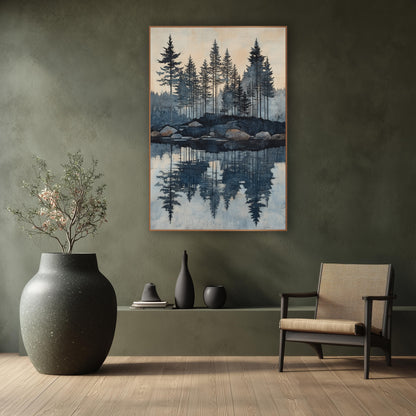 Evergreen Lake Reflection Landscape wall art in a calm Japandi-style room – tall evergreens on a rocky lakeshore