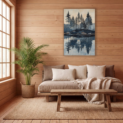 Evergreen Lake Reflection Landscape wall art in a calm Japandi-style room – tall evergreens on a rocky lakeshore