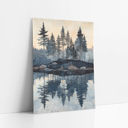 Evergreen Lake Reflection Landscape art print leaning against a white wall – tall evergreens on a rocky lakeshore mirrored