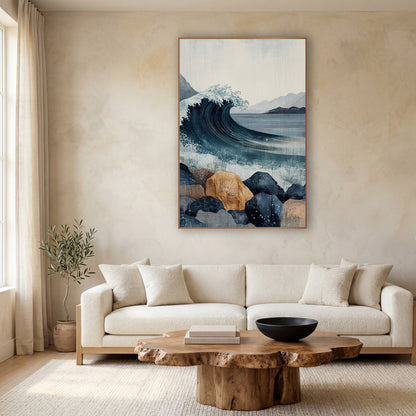 Curling Wave Rocky Coast Japandi wall art in a calm Japandi-style room – curling navy ocean wave with white spray