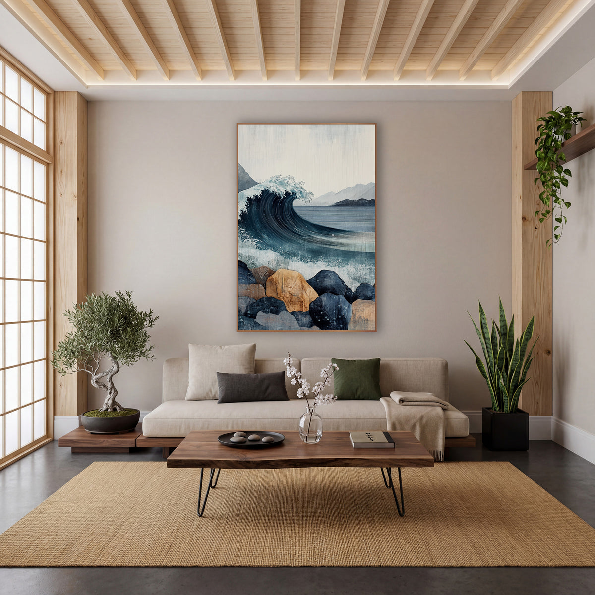 Curling Wave Rocky Coast Japandi wall art in a calm Japandi-style room – curling navy ocean wave with white spray