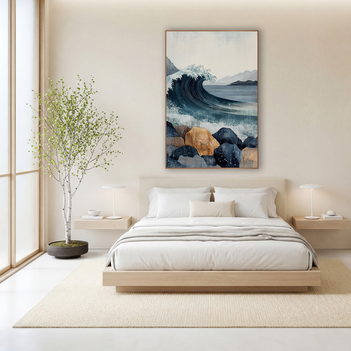 Curling Wave Rocky Coast Japandi wall art in a calm Japandi-style room – curling navy ocean wave with white spray