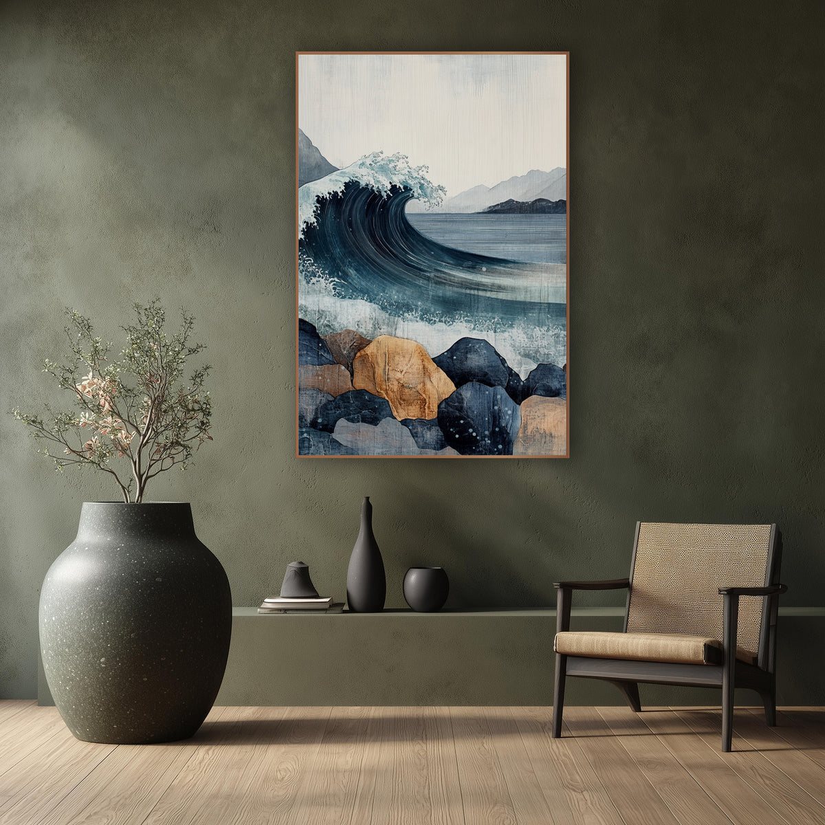 Curling Wave Rocky Coast Japandi wall art in a calm Japandi-style room – curling navy ocean wave with white spray