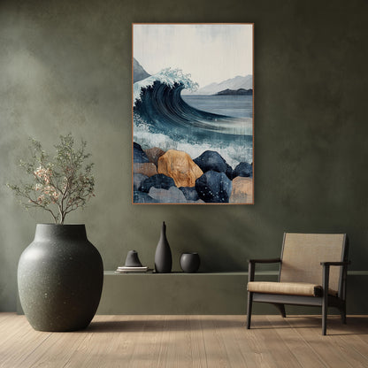 Curling Wave Rocky Coast Japandi wall art in a calm Japandi-style room – curling navy ocean wave with white spray
