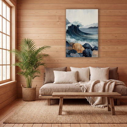 Curling Wave Rocky Coast Japandi wall art in a calm Japandi-style room – curling navy ocean wave with white spray