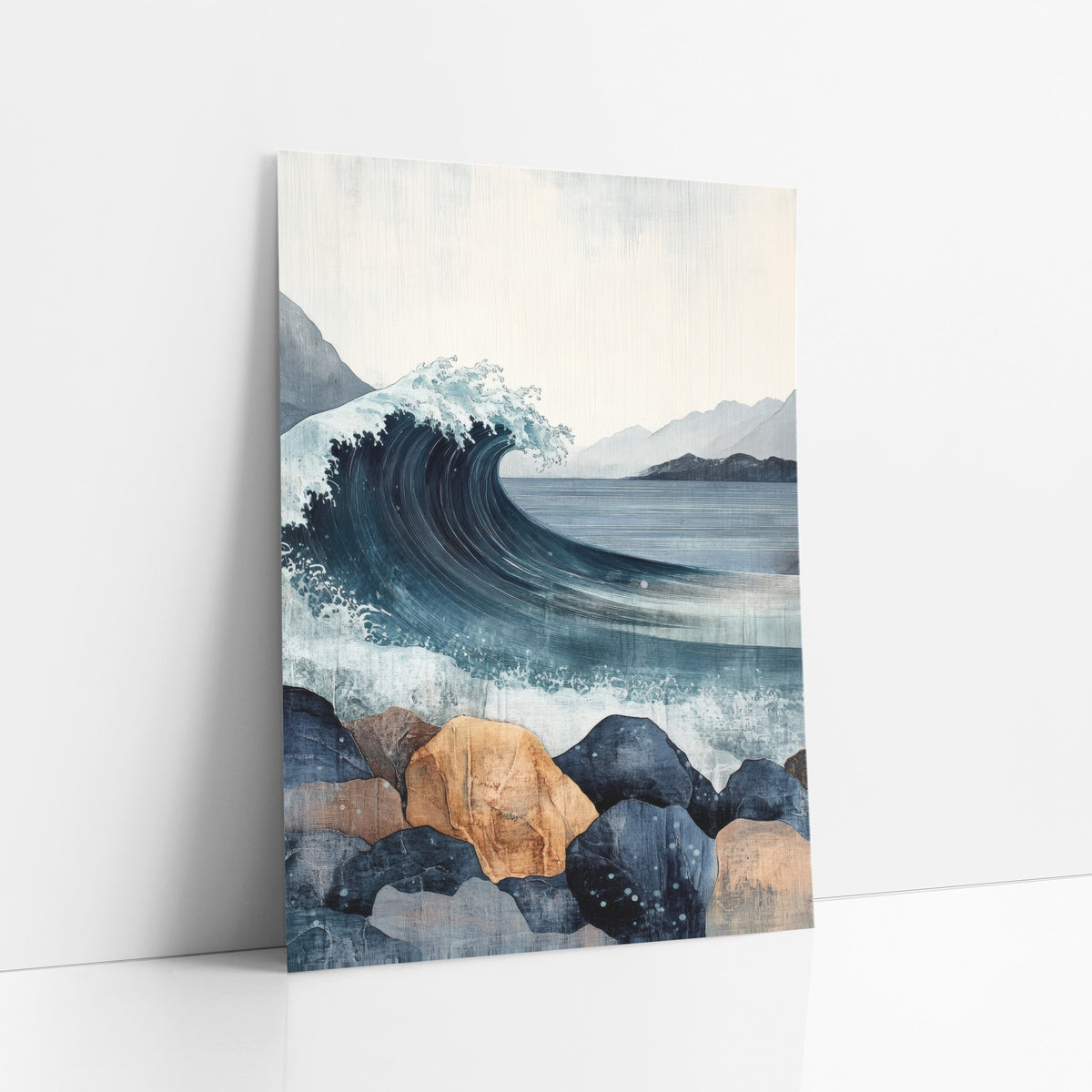 Curling Wave Rocky Coast Japandi art print leaning against a white wall – curling navy ocean wave with white spray above