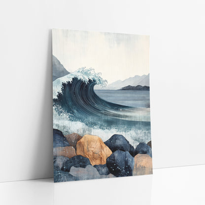 Curling Wave Rocky Coast Japandi art print leaning against a white wall – curling navy ocean wave with white spray above