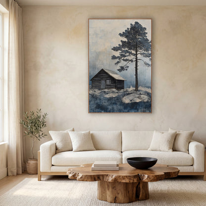 Lone Cabin Evergreen Indigo Landscape wall art in a calm Japandi-style room – small dark wooden cabin beside a tall